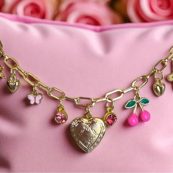 Charming Gold Toned Locket Necklace with Pink Enamel and Crystal Accents 17”-19” - Picture 8 of 11